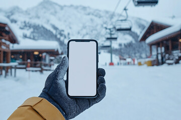 Hand holds smartphone mockup with white screen. Blank display, copy space. Snowy mountain ski resort, skiers on slopes in background. Winter landscape, technology, travel concept.