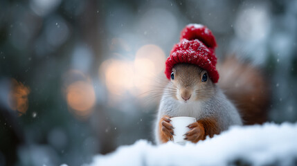 Obraz premium adorable squirrel wearing a red knitted winter hat with a pom-pom holding a tiny white cup of hot cocoa sitting on fresh snow in a magical winter forest glowing bokeh Christmas lig