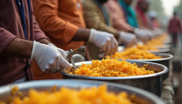 Indian men in gloves serve food from large bowls on street. Community members help poor people with meals. Volunteers give food aid on holiday.