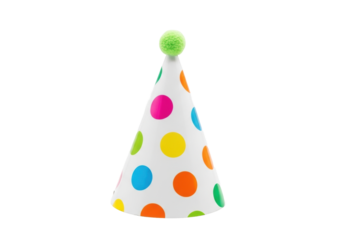 Clean studio shot of a crisp white paper party hat with vibrant polka dots and light green pom-pom, on a white background with copy space, soft diffused lighting, festive celebration concept