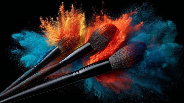 Vibrant makeup brushes with colorful powder clouds create striking visual contrast, showcasing artistry and creativity in beauty --chaos 25 --ar 16:9 --v 7 Job ID: 333536de-3430-4170-858c-c4f0118915b4