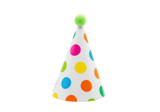 Clean studio shot of a crisp white paper party hat with vibrant polka dots and light green pom-pom, on a white background with copy space, soft diffused lighting, festive celebration concept