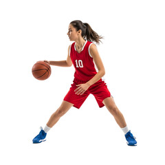Young female basketball player dribbling the ball in a red uniform