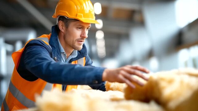 A worker installs insulation materials in an industrial setting hyper realistic insulation textures with clear details moody shadows on the surface bright saturation in