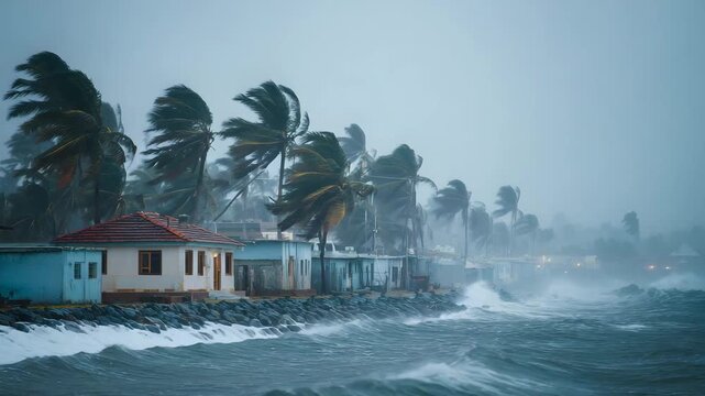 Violent storm batters tropical coast with crashing waves and thrashing palm trees creating dramatic natural disaster scene