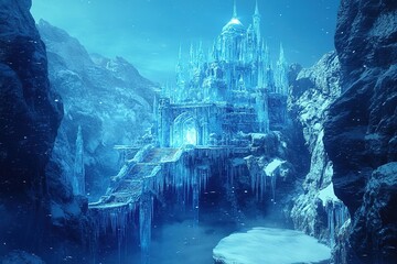Obraz premium icy castle and temple built from shimmering blue ice crystals