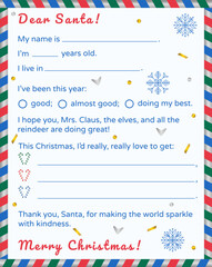 Christmas letter to Santa Claus. Kids’ postcard with a wishlist. Vector template with gold and silver decorative elements - snowflakes, candy canes, hearts, confetti