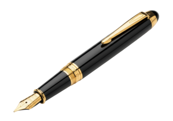 Classic black fountain pen with polished barrel, gold-plated accents, and a golden nib, diagonally on a pristine transparent background, clean negative space, timeless elegance and craftsmanship