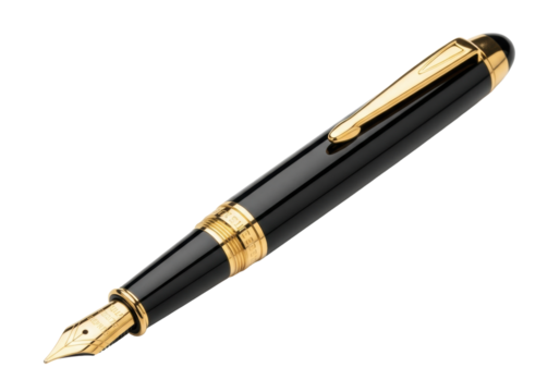 Classic black fountain pen with polished barrel, gold-plated accents, and a golden nib, diagonally on a pristine transparent background, clean negative space, timeless elegance and craftsmanship - Powered by Adobe