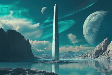 mysterious alien obelisk rising from a crystalline lake under a double moon