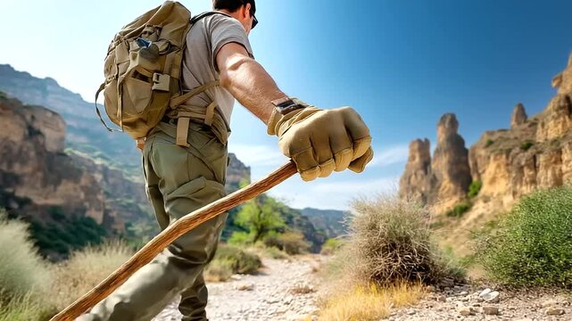 A hiker&rsquo;s hand gripping a walking stick on rocky path, macro wood grain and glove detail, blured background, with copy space, endurance