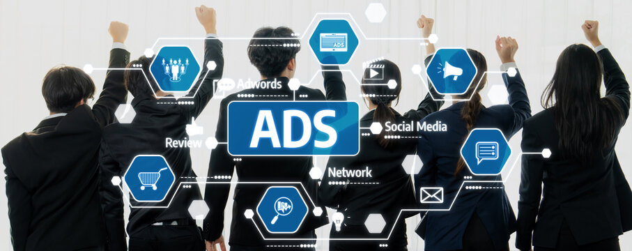 A dynamic scene showcasing business professionals collaborating on digital marketing strategies, focusing on trends like ADS, social media, and networking in a modern work setting. Amity