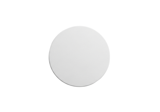White circular object with paper texture and crisp edges, isolated on transparent background with soft shadow and copy space, versatile product mock-up base