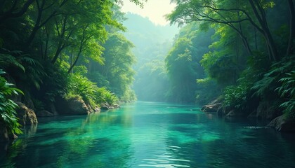 Naklejka premium Tranquil river flows through jungle. Emerald water reflects sky with green trees. Verdant plants grow along shore. Nature wallpaper illustrates serene ecosystem. Ecotourism promotion design. Travel