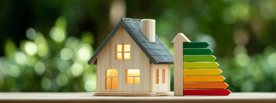 Wooden model of a home illuminated by warm daylight, colorful efficiency level meter in sharp focus, real house with garden visible behind, creating a professional eco concept scen
