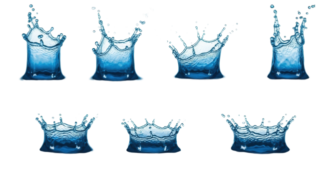 Six vibrant cerulean blue water splashes frozen mid-air, unique shapes, scattering droplets, crown effects, on a reflective surface against a white background, concept of purity and freshness