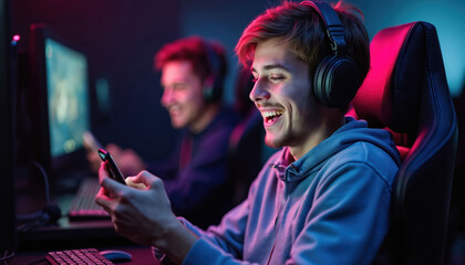 Young man wears headphones plays game on smartphone, rejoices at win. Friend sits beside him, focused on computer monitor, gaming room lights glow.