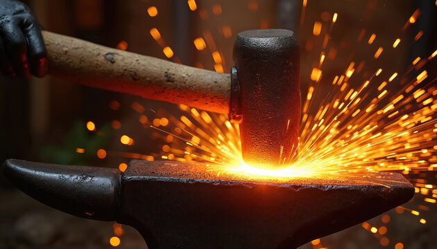Blacksmith shapes glowing metal on anvil with hammer. Sparks fly from hot steel. Intense fiery craft captures power of manual work. Traditional artisan skill displayed.