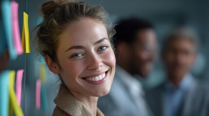 Creative team brainstorming on glass wall