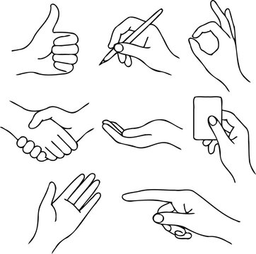 Minimalist Black And White hands Gestures and Actions Logos, human Poses Line art Collection. Illustration pointing at something Outline, Hand Drawn Doodle Simple icons drawing