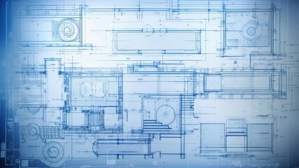 Top-down view of detailed architectural blueprints, showcasing intricate designs. Ideal for video content on engineering or construction themes. Live desktop wallpaper.