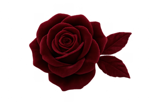 Red velvet rose blooming with leaves transparent background