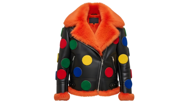 Colorful polka dot leather jacket with orange fur trim isolated on transparent background