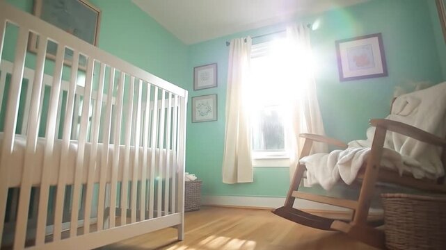 Peaceful nursery room interior with white baby crib and wooden rocking chair bathed in bright morning sunlight