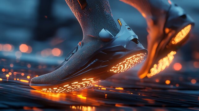 Closeup of running shoes with glowing soles, showcasing technology and innovation