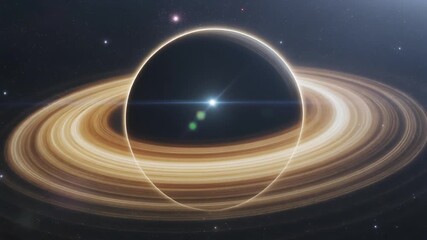 Cinematic 3D animation of a supermassive black hole with a glowing accretion disk and gravitational lensing in a deep space galaxy - Powered by Adobe