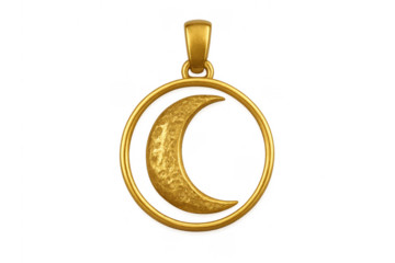 Golden crescent moon pendant charm on transparent background