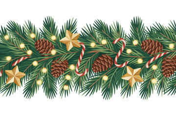 Naklejka premium Festive Christmas garland with pine branches, candy canes, golden stars, and glowing lights, perfect for holiday decorations.