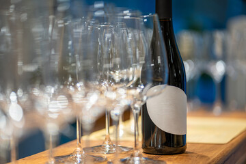 Wine bottles and glasses ready for tasting or celebration