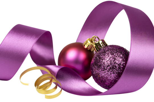 Elegant Christmas ornaments with shimmering glitter, entwined with flowing purple ribbon and golden accents, perfect for holiday designs
