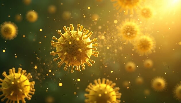 Close up photo shows virus particles. Microscopic view of viral cells in yellow color. Science illustration of a virus outbreak spreading in the air.