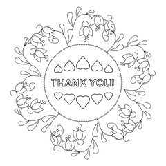 Thank you, banner. Text in flowers frame monochrome sticker, coloring page outline stock vector illustration for web, for print