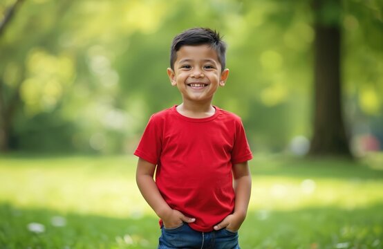Smiling Hispanic boy in red shirt stands in green park. Child has hands in jeans pockets. Looks directly at camera. Outdoor sunny day. Natural background bokeh.