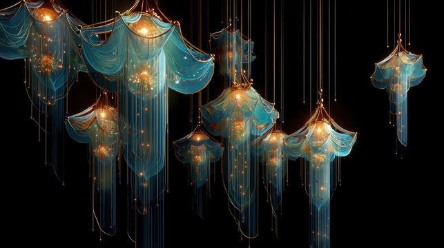 Lantern nodes drift in cyan glow