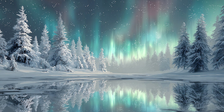 A frozen lake in a winter forest reflecting the northern lights. Snow-covered pine trees. A fantastic winter landscape. - Powered by Adobe