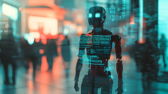 A humanoid robot stands in a busy hallway with code overlayed on its body - Powered by Adobe