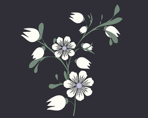 Fantasy flower stem with white buds. Vector illustration for embroidery, appliqu&eacute;s, clothing and textile decoration, postcards
