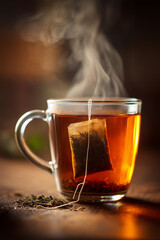 A close-up of a steaming mug of herbal tea, with abstract focus on the tea bag string, conveying warmth, comfort, and natural wellness.