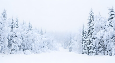 Snow-covered forest landscape with no footprints, white diffuse sky, no human presence. 