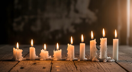 A row of lit candles on an aged wooden surface, dark background with visible texture.