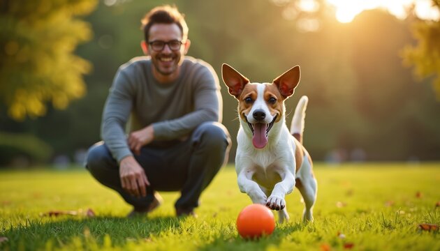 Happy man plays with his dog in park at sunset. Energetic dog runs to the orange ball on green grass. Pet sitter enjoys time with puppy outdoors.