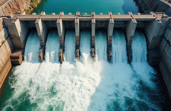 Aerial view of massive concrete hydroelectric power dam. Water flows strongly from multiple open gates into turbulent river below. Station generates clean electricity, eco friendly energy source.