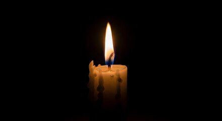A single candle burning in the dark, its flame flickering gently in a soft breeze. Black background, central focus on light and shadow