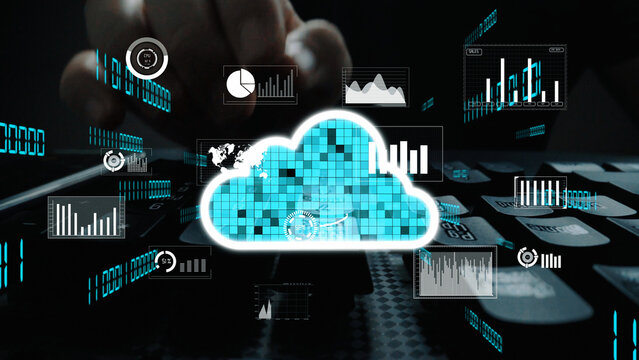 An illustration depicting the concept of cloud computing with digital graphs and charts, showcasing data analysis, technology solutions, and modern business strategies. Xenic