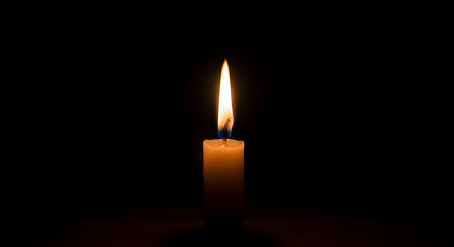 A single candle burning in the dark, its flame flickering gently in a soft breeze. Black background, central focus on light and shadow - Powered by Adobe