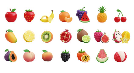 Assorted fruits collection apple strawberry banana orange grapes watermelon pineapple cherries mango lemon